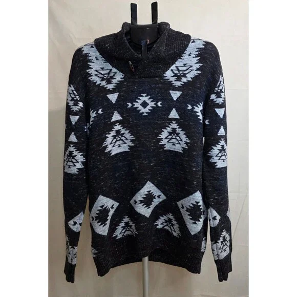 Trash Nouveau Shawl Collar Pullover Sweater — Black & Gray Aztec Knit — XL 2000s - Picture 2 of 11